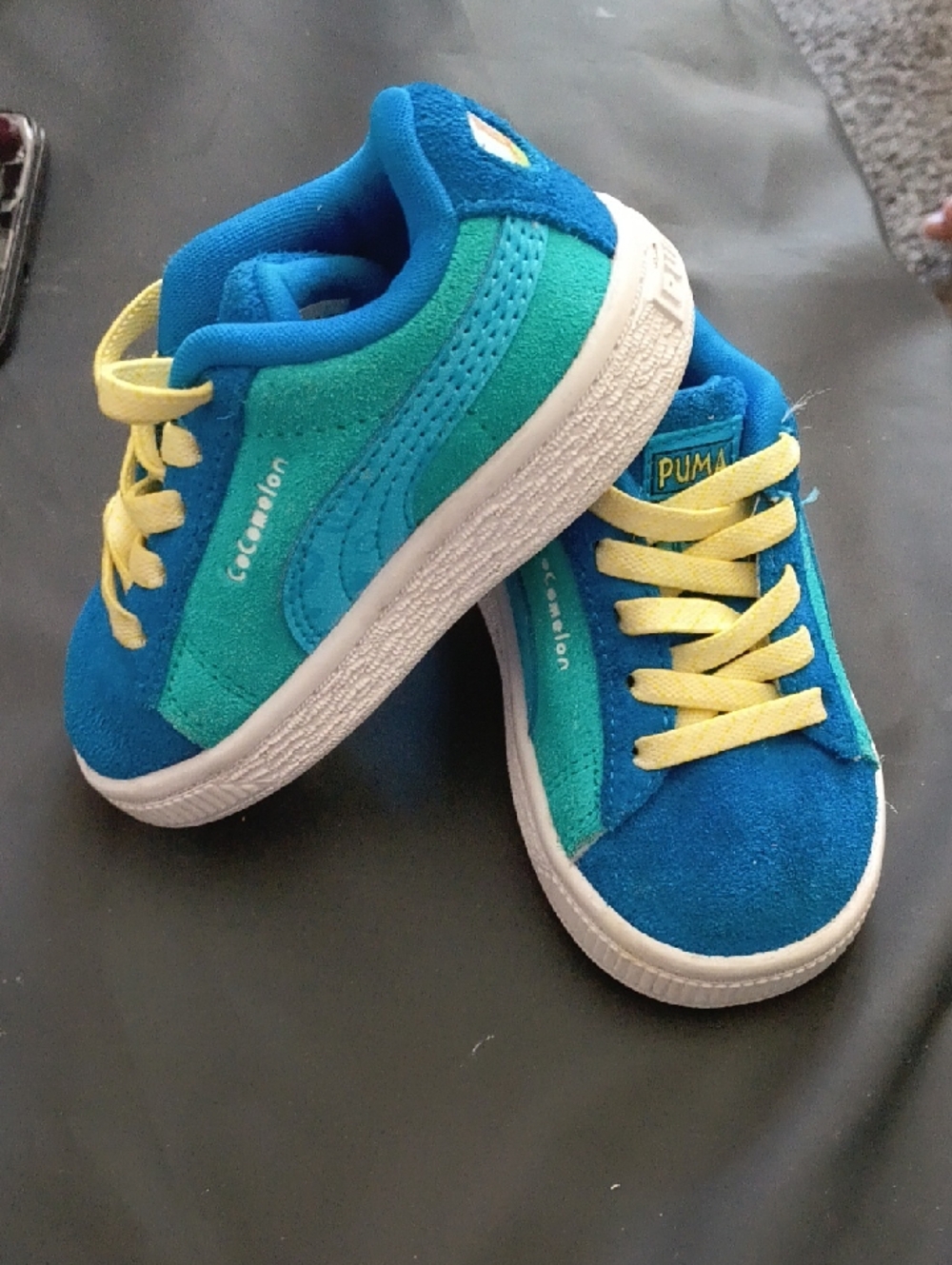 Puma Kids Teal & Blue Suede Sneakers with Yellow Laces